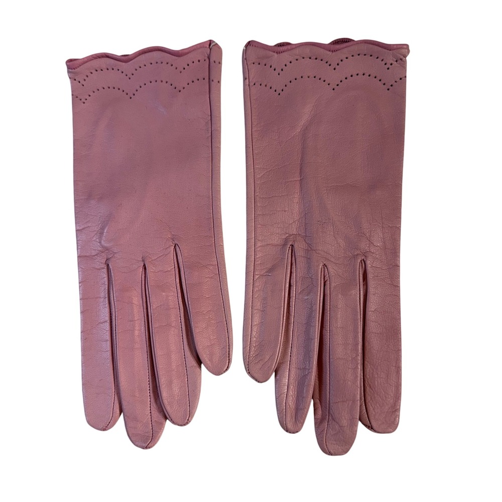 Vintage Georges Morand Kid Leather Gloves Pink Perforated Scalloped France